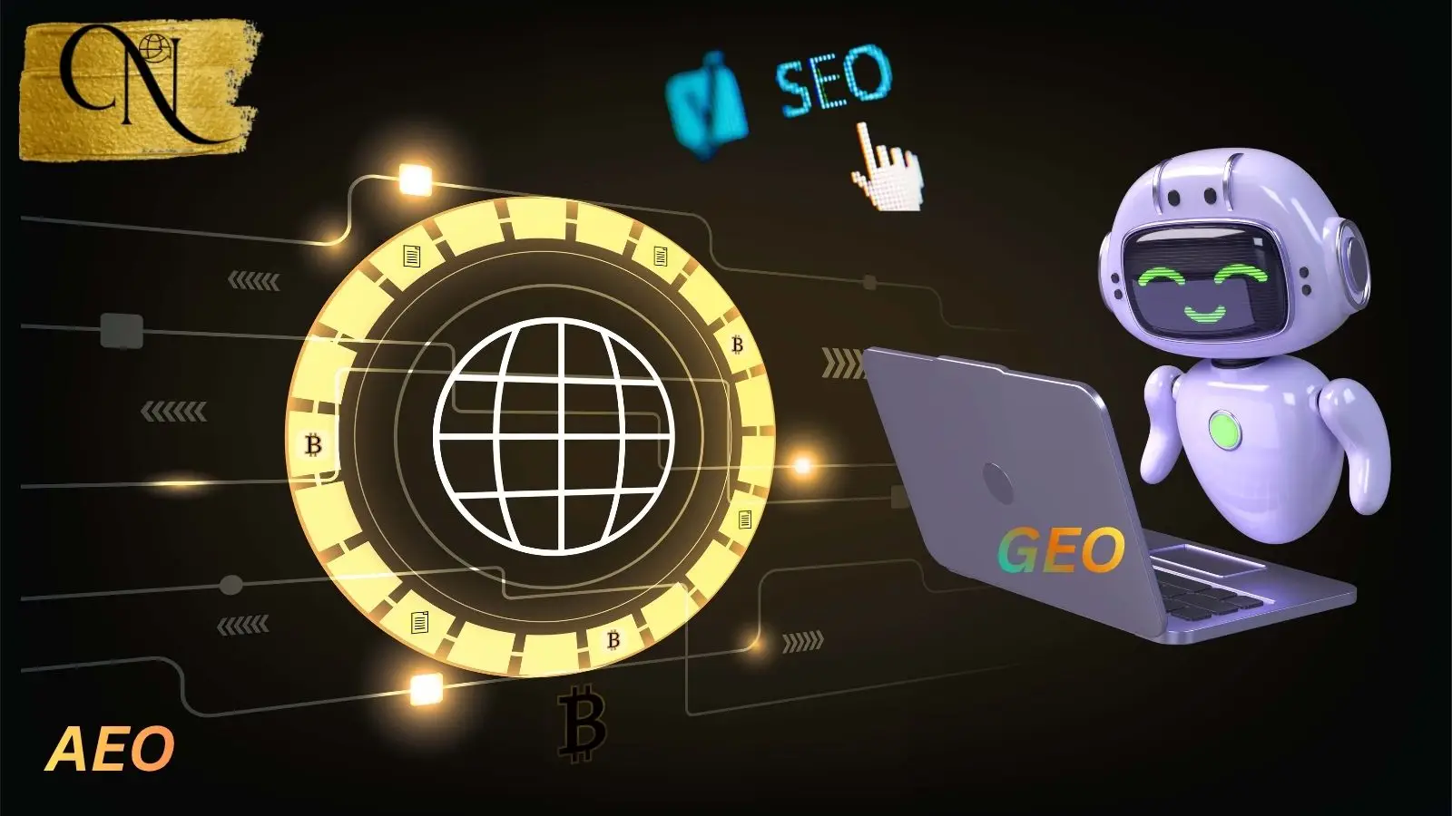A smiling robot with a laptop labeled “GEO” faces a digital globe, surrounded by “AEO,” “SEO,” and Bitcoin symbols on a dark background.